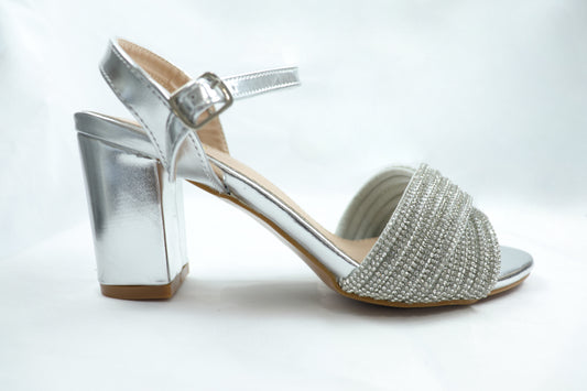 Silver Rhinestone Block Heel