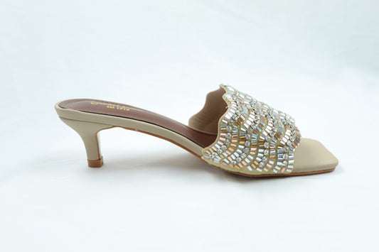 Beaded Open-toe Heels Beige