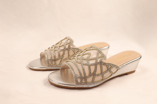 Silver Mesh Embellished Low Wedge Heels