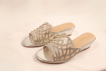 Silver Mesh Embellished Low Wedge Heels