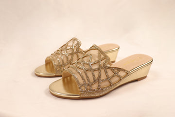 Gold Mesh Embellished Low Wedge Heels