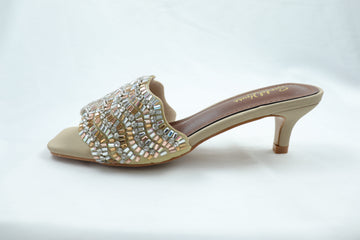 Beaded Open-toe Heels Beige