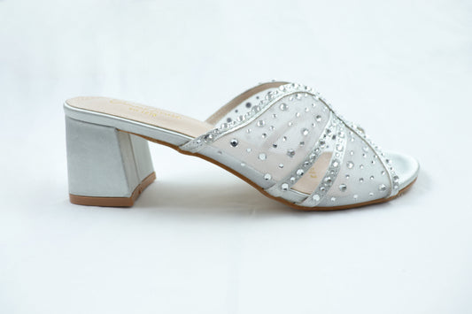 Silver Mesh‑Crystal Block Heel
