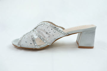 Silver Mesh‑Crystal Block Heel