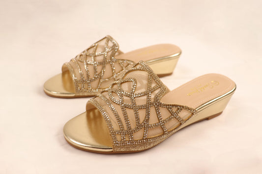 Gold Mesh Embellished Low Wedge Heels