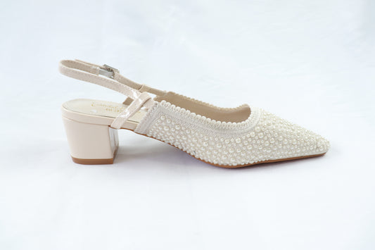 Cream Pearl‑Embellished Slingback Heels