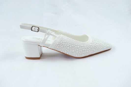 White Pearl‑Embellished Slingback Heels