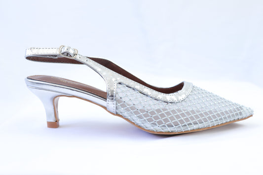 Silver Diamond Mesh Slingback Heels