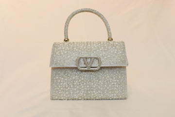 White V‑Logo Crystal & Pearl Handbag