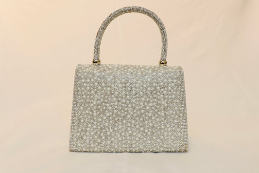White V‑Logo Crystal & Pearl Handbag