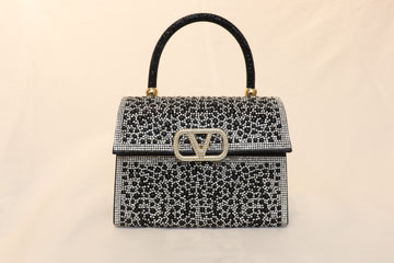 Black V‑Logo Crystal Handbag